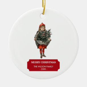 Vintage Christmas Girl & Holly Berries Festive Ceramic Tree Decoration
