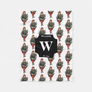 Vintage Christmas Girl & Holly Berries Monogrammed Fleece Blanket