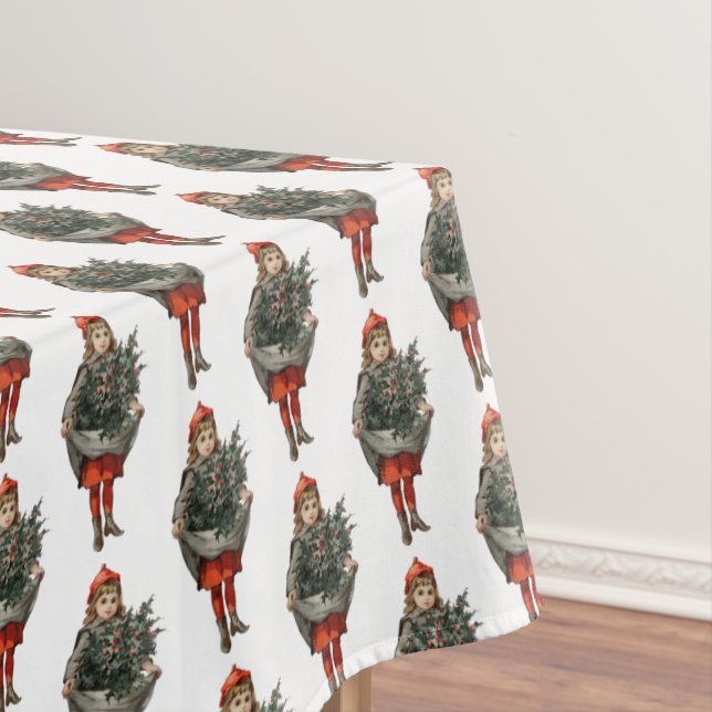 Vintage Christmas Girl & Holly Berries   Tablecloth (In Situ)