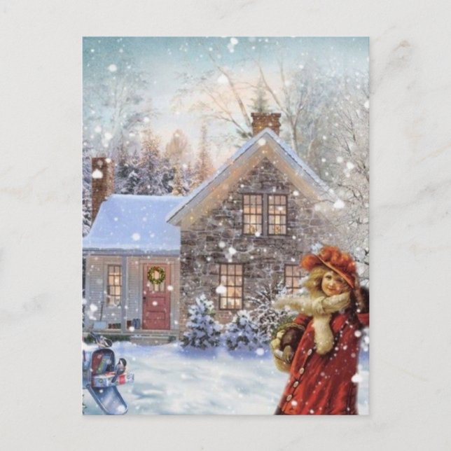 Vintage Christmas Girl In the Snow Holiday Postcard (Front)
