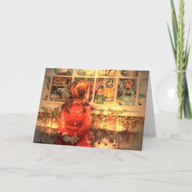 Vintage Christmas Girl Looking In Window Holiday Card (Front)