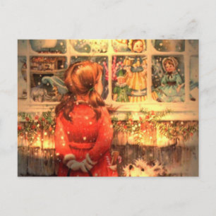 Vintage Christmas Girl Looking In Window Holiday Postcard