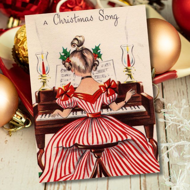 Vintage Christmas Girl Playing Piano Holiday Card (Creator Uploaded)