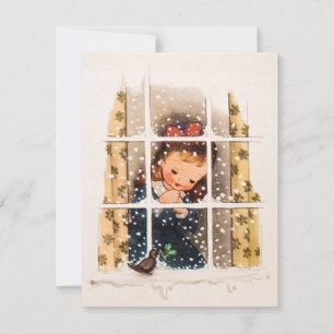 Vintage Christmas Girl Praying In Window Holiday Card