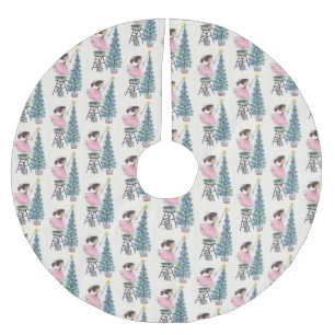 Vintage Christmas Girl Putting Star On Tree Brushed Polyester Tree Skirt