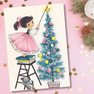 Vintage Christmas Girl Putting Star On Tree Holiday Card