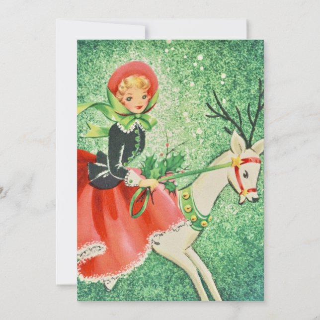 Vintage Christmas Girl Riding Reindeer Holiday Card (Front)