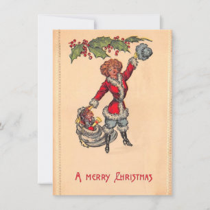 Vintage Christmas Girl Santa Claus With Toys Holiday Card