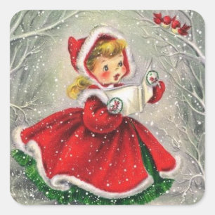 Vintage Christmas Girl Singing To Birds Square Sticker