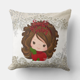 Vintage Christmas Girl Snowflake Lace Pillow