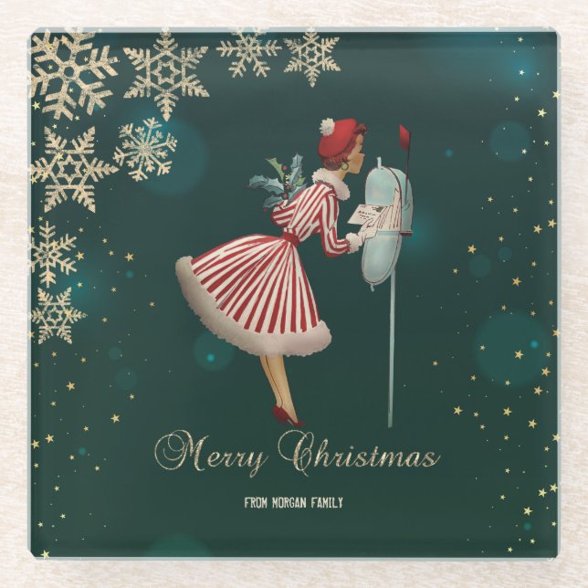 Vintage Christmas Girl, Snowflakes   Glass Coaster (Front)