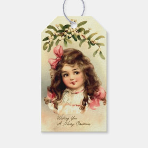 Vintage Christmas Girl Under Mistletoe EphemeraTag Gift Tags