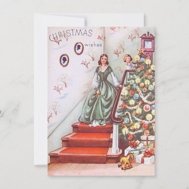 Vintage Christmas Girl Wishes Holiday Card (Front)