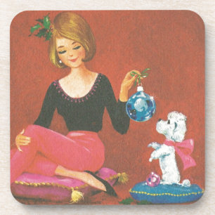 Vintage Christmas Girl With French Poodle Coaster