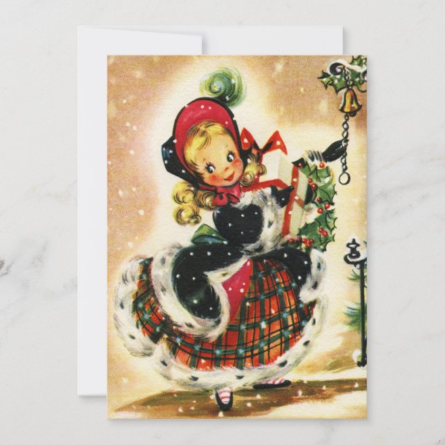 Vintage Christmas Girl With Gifts Holiday Card (Front)