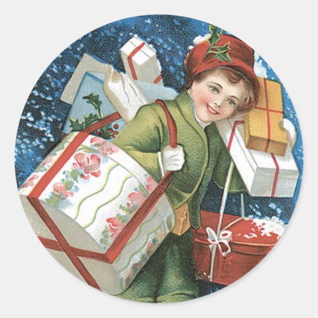 Vintage Christmas, Girl with Gifts in Winter Snow Classic Round Sticker (Front)