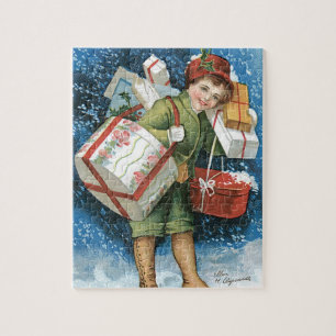 Vintage Christmas, Girl with Gifts in Winter Snow Jigsaw Puzzle