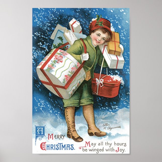Vintage Christmas, Girl with Gifts in Winter Snow Poster (Front)