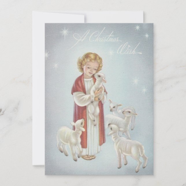 Vintage Christmas Girl With Lambs Holiday Card (Front)