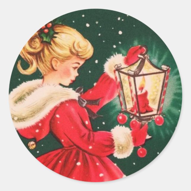 Vintage Christmas Girl With Lantern Classic Round Sticker (Front)