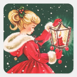 Vintage Christmas Girl With Lantern Square Sticker