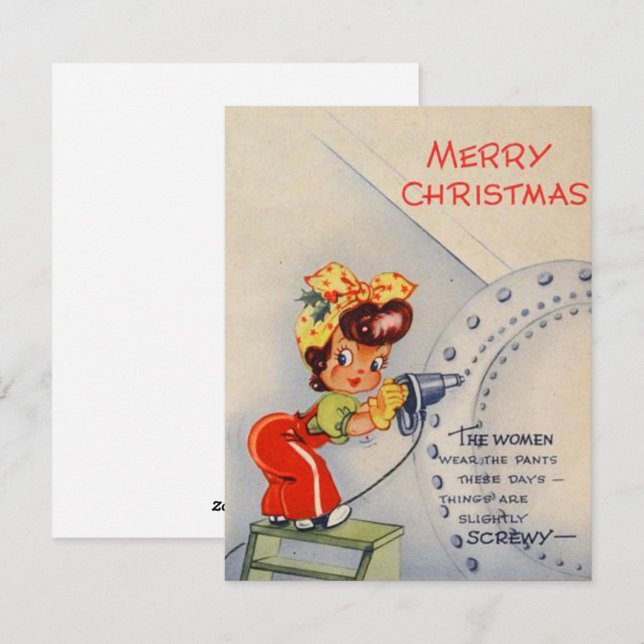 Vintage Christmas Girl Working Hard Holiday Card (Front/Back)