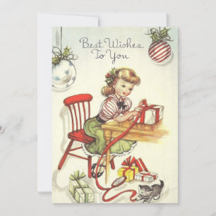 Vintage Christmas Girl Wrapping Presents Holiday Card