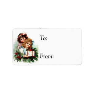 Vintage Christmas Girls With Gifts Gift Tag