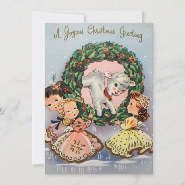 Vintage Christmas Girls With Lamb Holiday Card (Front)