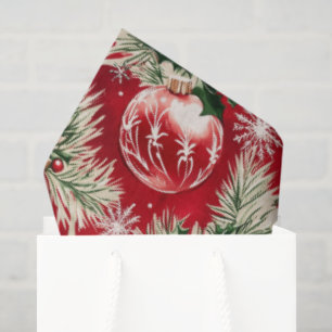 Vintage Christmas Gleaming Ornaments on Crimson Tissue Paper