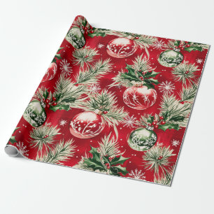 Vintage Christmas Gleaming Ornaments on Crimson Wrapping Paper