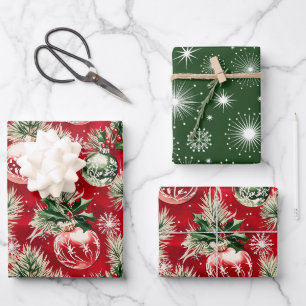 Vintage Christmas Gleaming Ornaments on Crimson Wrapping Paper Sheet