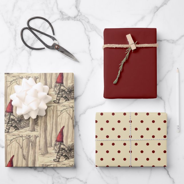 Vintage Christmas Gnome Holiday  Wrapping Paper Sheet (Front)