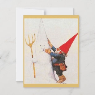 Vintage Christmas Gnome Making Snowman Holiday Card