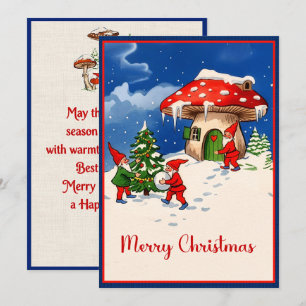 Vintage Christmas Gnomes and Mushroom Houses Holiday Card
