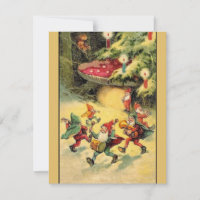 Vintage Christmas Gnomes Dancing Around Mushroom