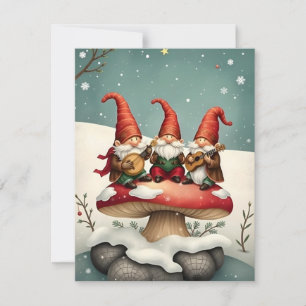 Vintage Christmas Gnomes Playing Music On Mushroom Holiday Card