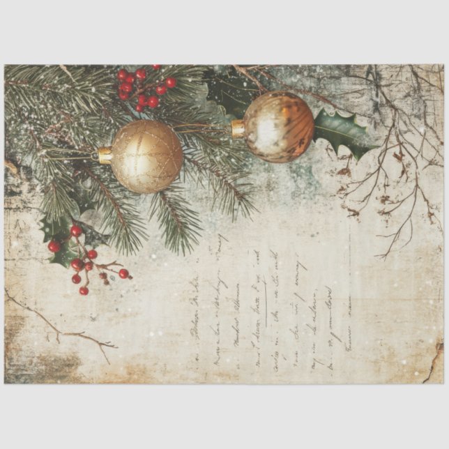 Vintage Christmas gold baubles holly berry Tissue Paper (Front)