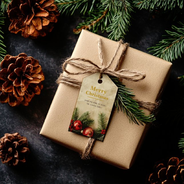 Vintage Christmas Gold Gift Tag | Classic Red (Vintage Christmas gift tag on burnt parchment with red & green creeper — warm holiday wishes & joy!!)