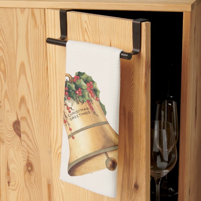 Vintage Christmas Golden Bells, Season's Greetings Tea Towel (Thirds Fold)