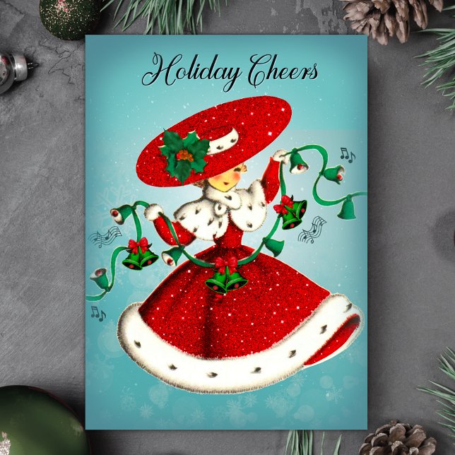 Vintage Christmas green bells red glitter girl Invitation (Creator Uploaded)