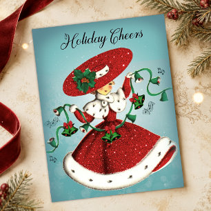 Vintage Christmas green bells red glitter girl Postcard