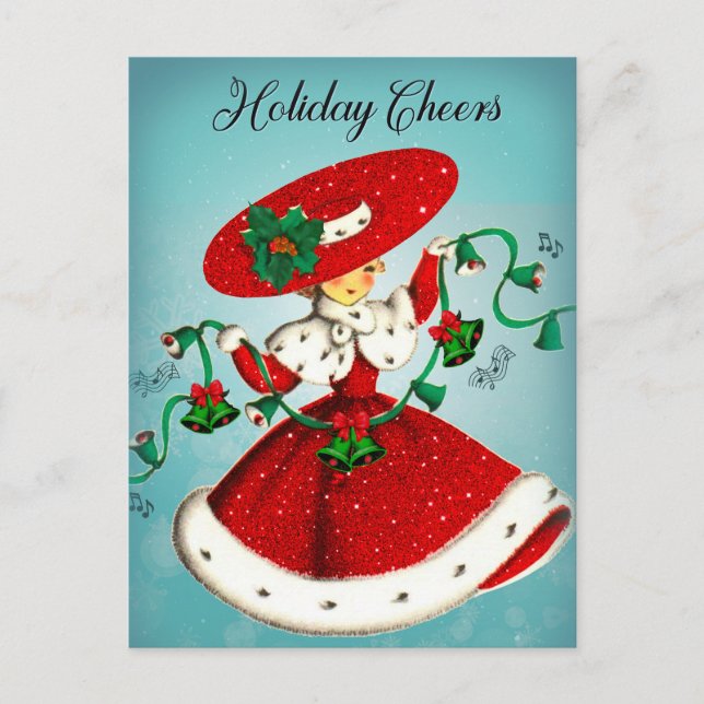 Vintage Christmas green bells red glitter girl Postcard (Front)