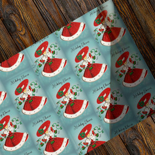 Vintage Christmas green bells red glitter girl Wrapping Paper
