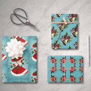 Vintage Christmas green bells red glitter girl Wrapping Paper Sheet
