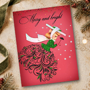 Vintage Christmas green glitter scarf girl Postcard