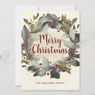 Vintage Christmas Green Holly Berry Wreath Holiday Card