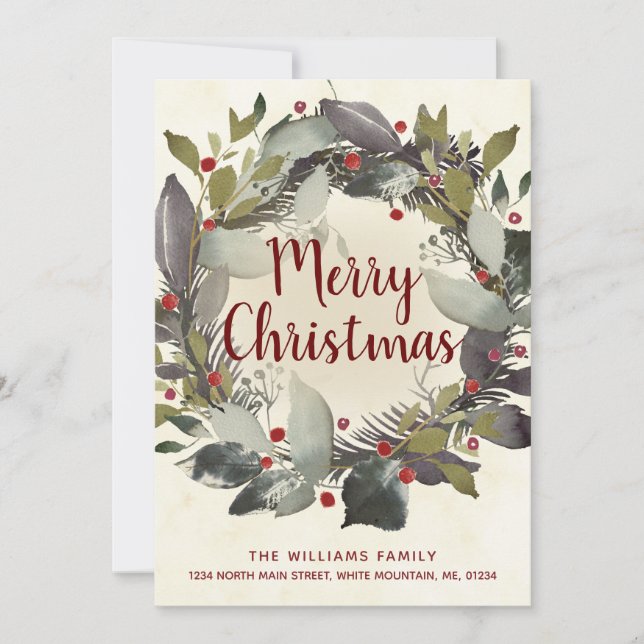 Vintage Christmas Green Holly Berry Wreath Moving Announcement (Front)