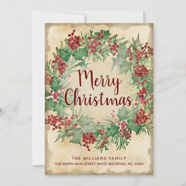 Vintage Christmas Green Holly Berry Wreath Moving Announcement (Front)