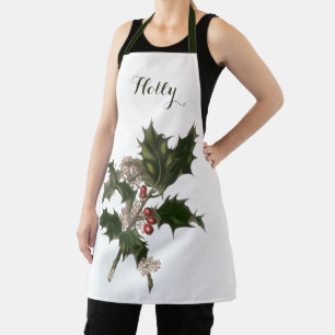 Vintage Christmas, Green Holly Plant with Berries Apron